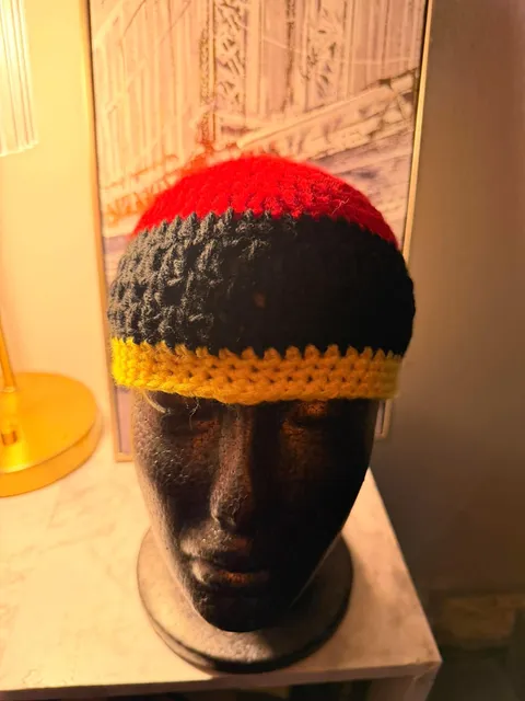 Handcrafted Red, Black & Yellow Tri-Color Crochet Beanie